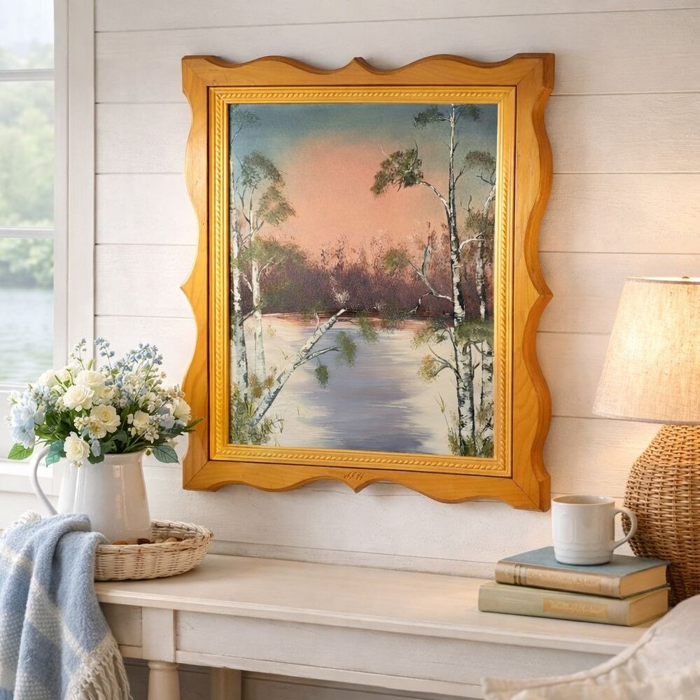 Vintage Fredrix Framed Landscape Painting Birch Trees River Scalloped Wood